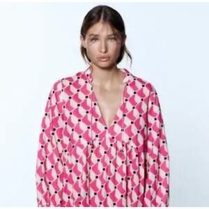 Zara Petal Pink And Black Lightweight Dress X Small 3/4 Sleeve Retro Boho Flowy